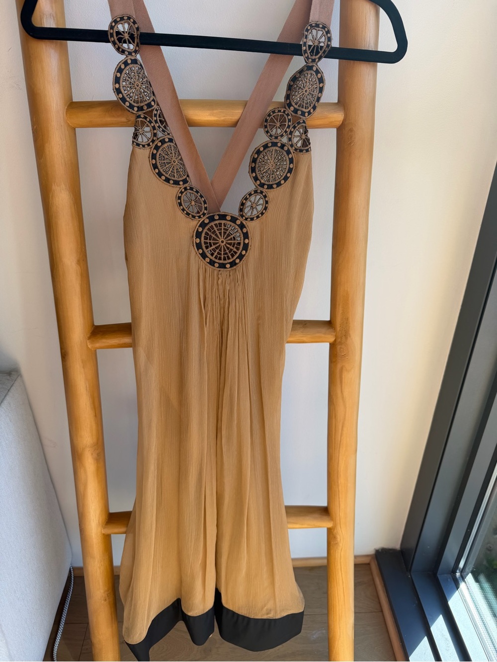 Catherine Malandrino Camel Maxi Dress with Embellished V-Neck